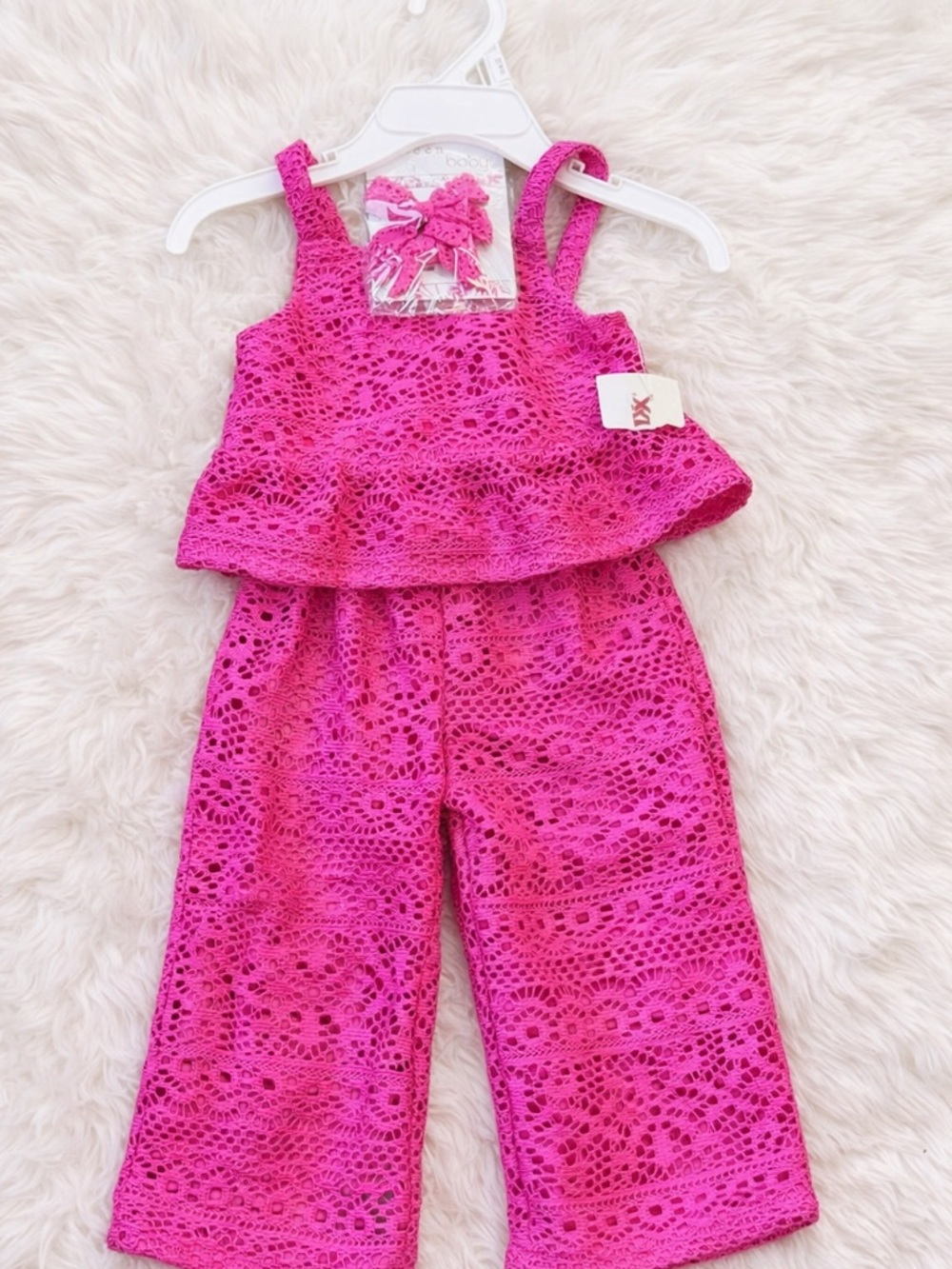NWT Btween Baby Pink Crochet Lace 3PC Outfit Set 12M Top Pants Headband